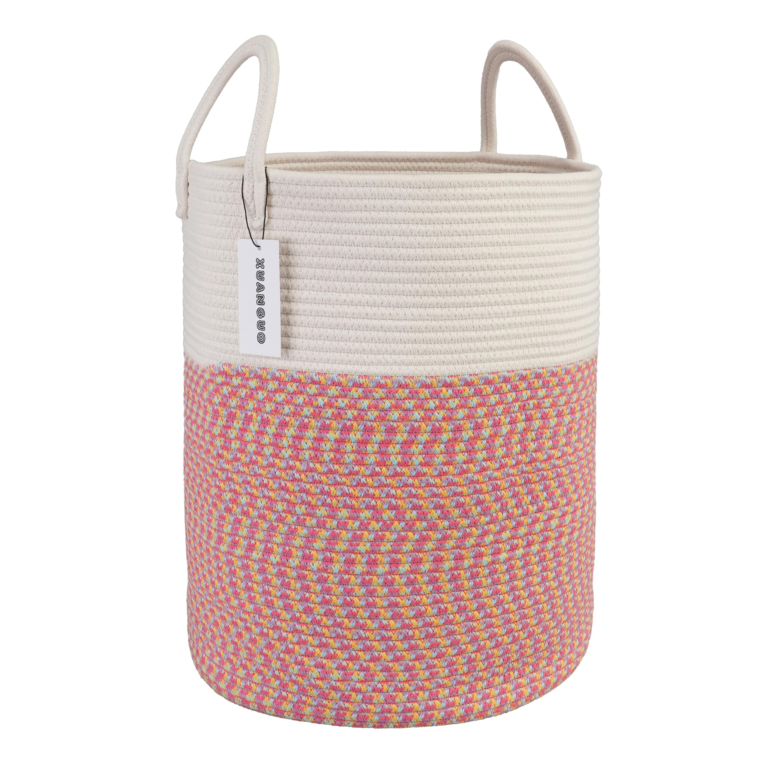 Cotton Rope Laundry Basket Hamper for Girls Kids Baby Nursery Hamper Bin Woven Storage Basket for Living Room Girls room Boho Tall Rope Baskets for Blanket Toys Large light pink